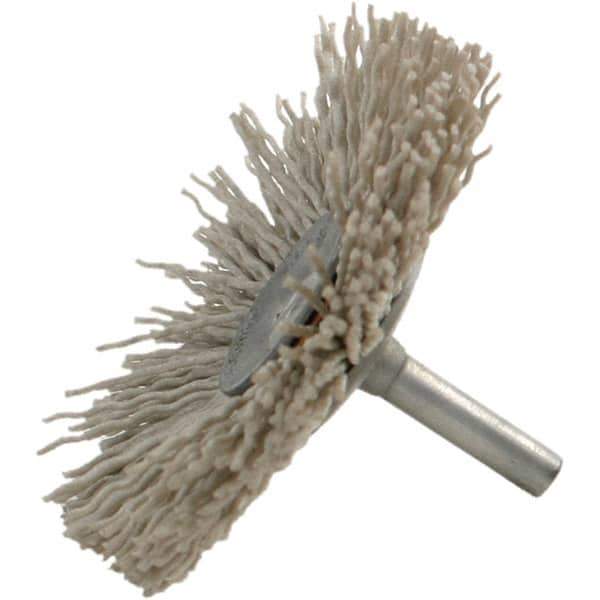 Brush Research Mfg. - 120 Grit, 1-1/2" Brush Diam, Crimped, Flared End Brush - Medium Grade, 1/4" Diam Steel Shank, 2,500 Max RPM - USA Tool & Supply