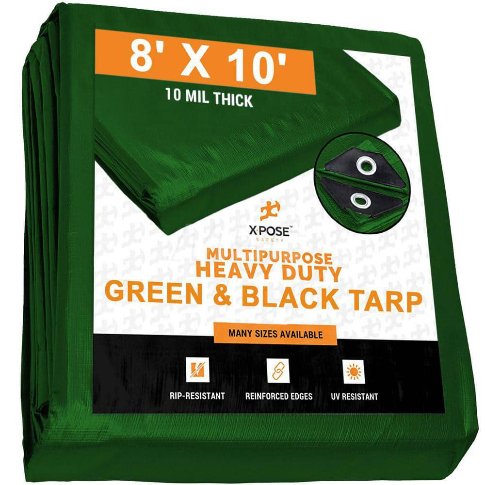 Tarp/Dust Cover: Black & Green, Rectangle, Polyethylene, 10' Long x 8' Wide, 10 mil Polyethylene, Rectangle