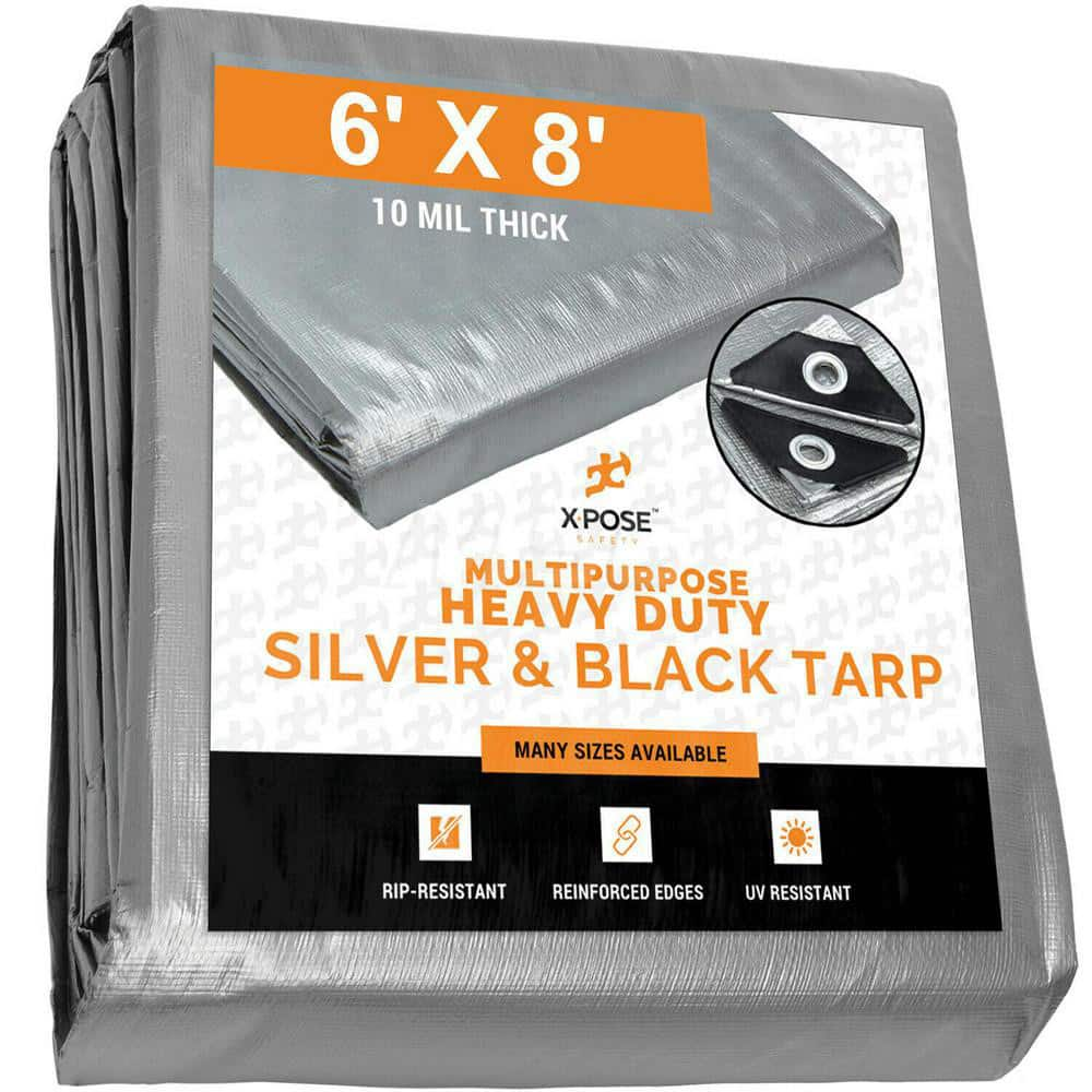 Tarp/Dust Cover: Silver & Black, Rectangle, Polyethylene, 8' Long x 6' Wide, 10 mil Polyethylene, Rectangle