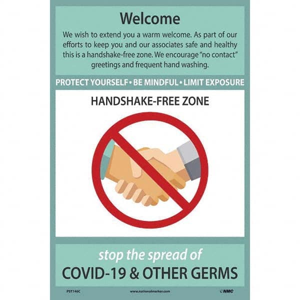 NMC - "COVID 19 - Welcome - Handshake Free Zone", 12" Wide x 18" High, Vinyl Safety Sign - USA Tool & Supply