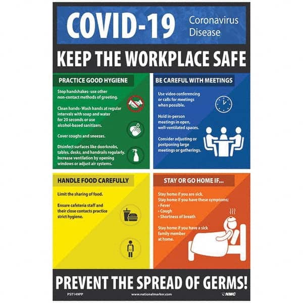 NMC - "COVID 19 - Keep the Workplace Safe", 12" Wide x 18" High, Paper Safety Sign - USA Tool & Supply