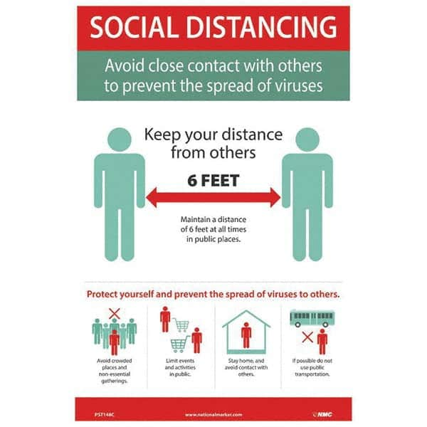 NMC - "COVID 19 - Social Distancing - Avoid Close Contact with Others to Prevent the Spread of Viruses", 12" Wide x 18" High, Vinyl Safety Sign - USA Tool & Supply