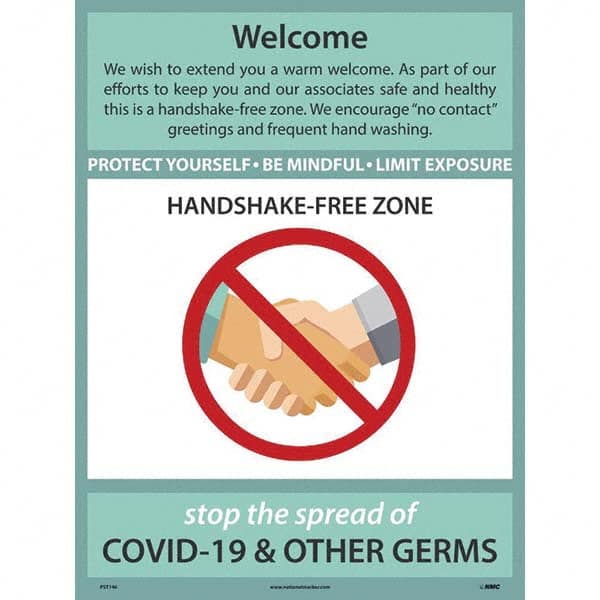 NMC - "COVID 19 - Welcome - Handshake Free Zone", 18" Wide x 24" High, Paper Safety Sign - USA Tool & Supply