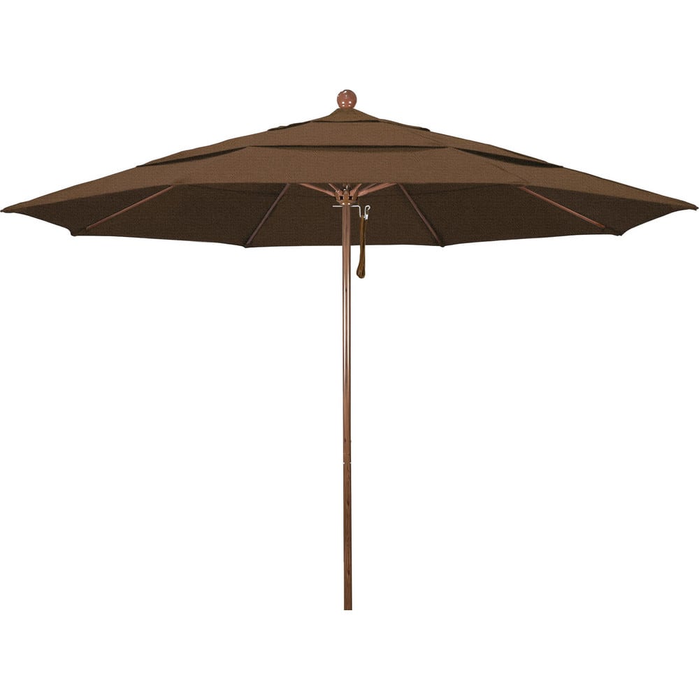 Patio Umbrellas; Diameter (Feet): 11; Height (Feet): 8.917; Fabric Color: Teak; Base Included: No; Canopy Fabric: Olefin; Fade Resistant: Yes; Additional Information: Pulley Lift; Frame Material: Aluminum