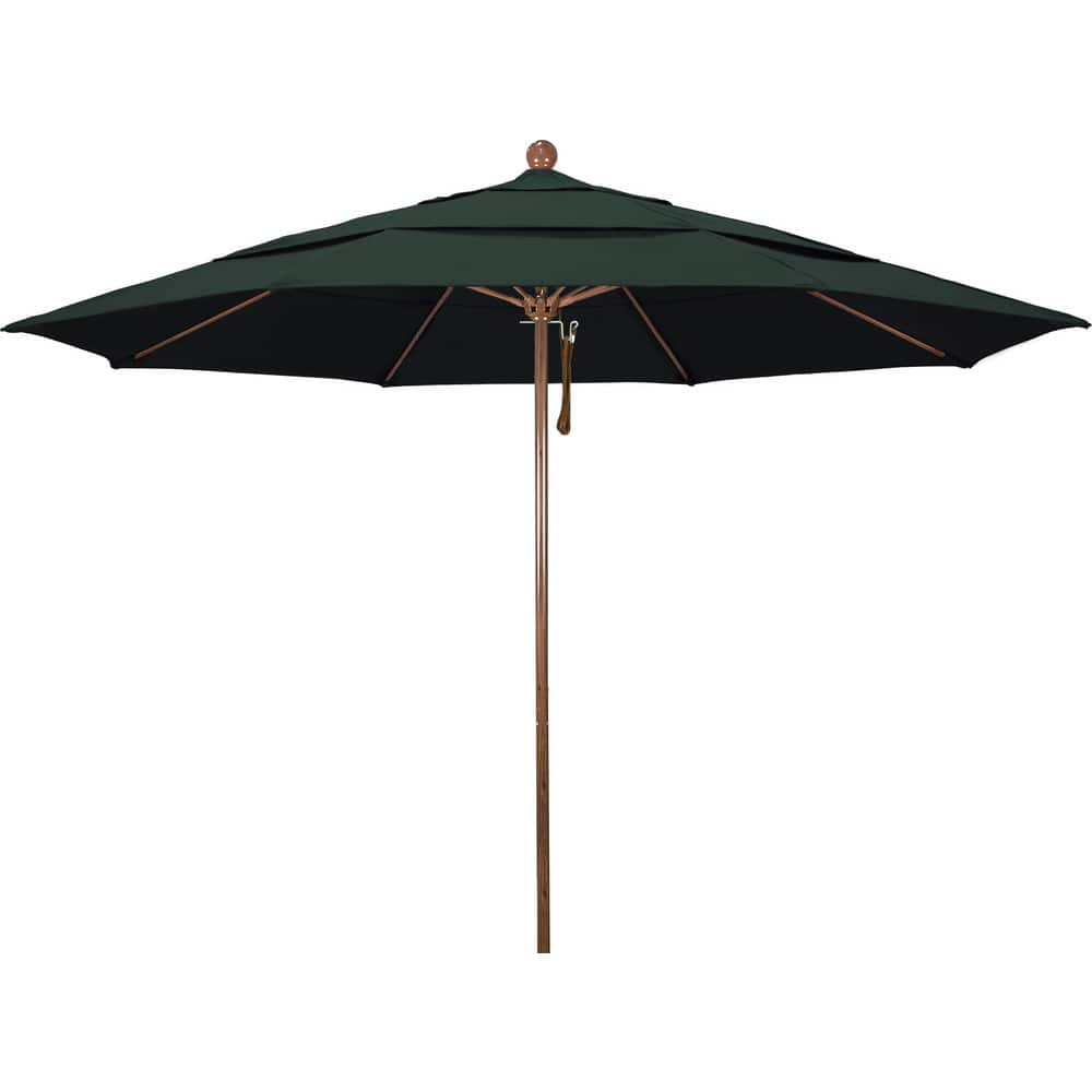 Patio Umbrellas; Diameter (Feet): 11; Height (Feet): 8.917; Fabric Color: Hunter Green; Base Included: No; Canopy Fabric: Pacifica; Fade Resistant: Yes; Additional Information: Pulley Lift; Frame Material: Aluminum