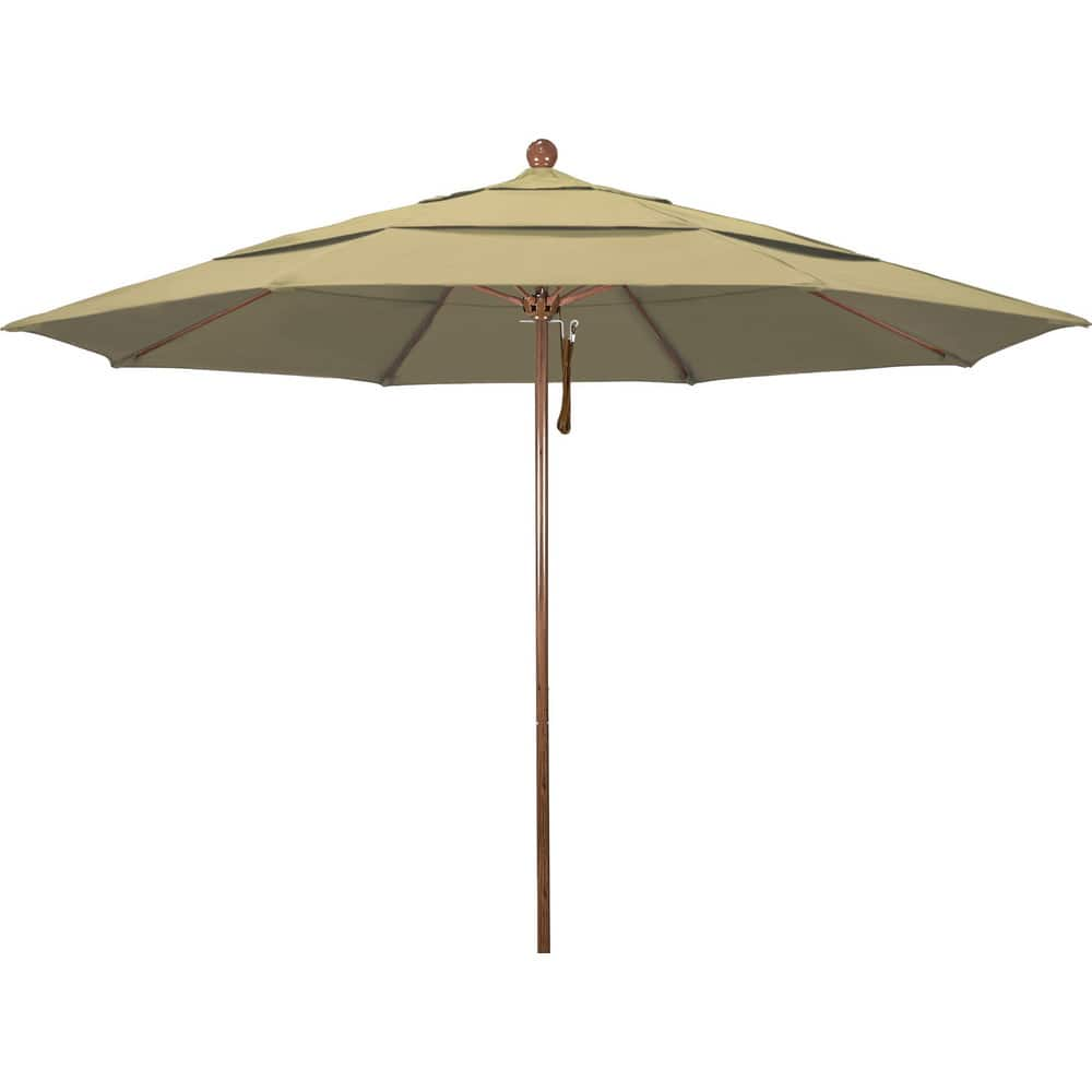 Patio Umbrellas; Diameter (Feet): 11; Height (Feet): 8.917; Fabric Color: Champagne; Base Included: No; Canopy Fabric: Olefin; Fade Resistant: Yes; Additional Information: Pulley Lift; Frame Material: Aluminum