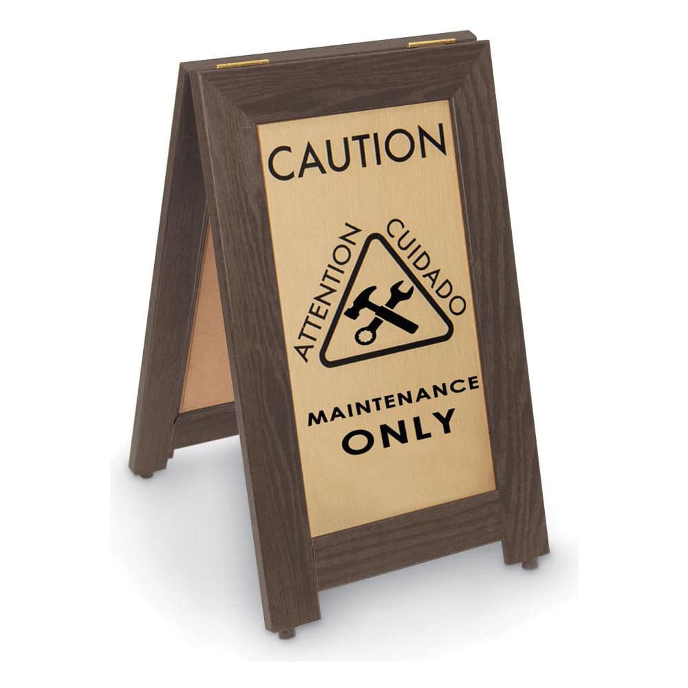 Cone & A Frame Floor Signs; Shape: A-Frame; Sign Type: Restroom, Janitorial & Housekeeping; Type: Restroom, Janitorial & Housekeeping; Message/Graphic: Message & Graphic; Header: Caution; Legend: Caution Maintenance Only; Viewing Points: Two-View; Languag