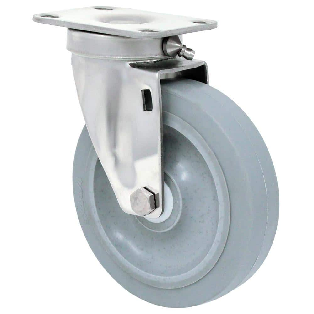 Top Plate Caster: Thermo Rubber, 5″ Wheel Dia, 1-1/4″ Wheel Width, 325 lb Capacity, 6-3/16″ OAH 3.625″ Plate Length, 2.38″ Plate Width