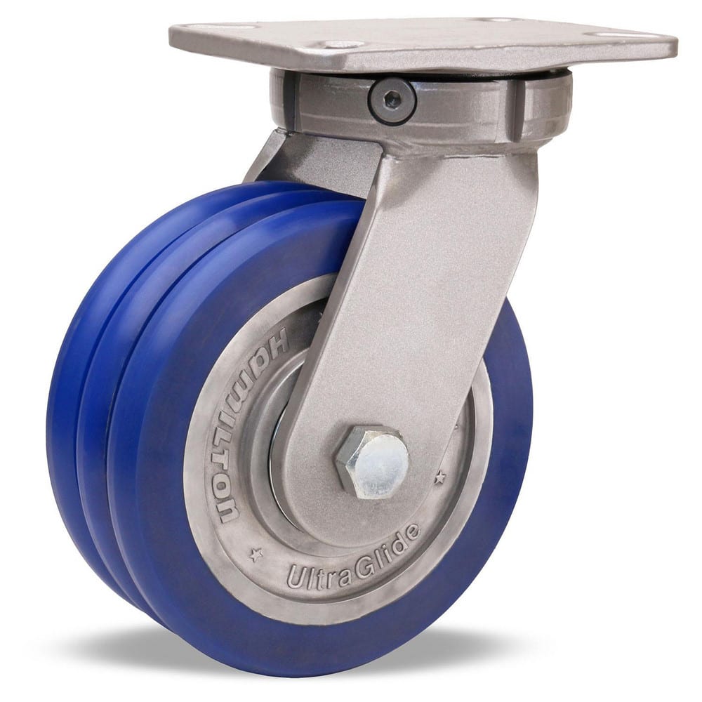 Swivel Top Plate Caster: Polyurethane on Aluminum, 8″ Wheel Dia, 2″ Wheel Width, 2,100 lb Capacity, 10-1/2″ OAH 7.25″ Plate Length, 5.25″ Plate Width, Non-Marking