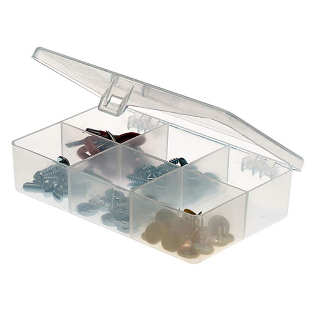 Small Parts Boxes & Organizers; Product Type: Compartment Box; Lock Type: Tension Latch; Width (Inch): 3; Depth (Inch): 1; Number of Dividers: 0; Removable Dividers: No; Color: Clear; Features: 6 Fixed Compartments; Number Of Compartments: 6; Depth (Decim