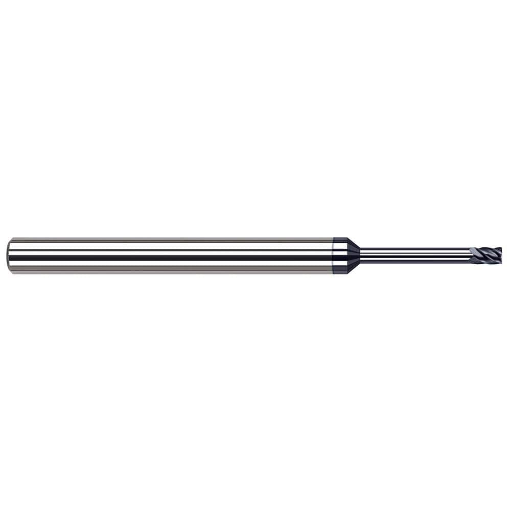 Corner Radius End Mill: 0.031″ Dia, 3/64″ LOC, 0.005″ Radius, 5 Flutes, Solid Carbide 2-1/2″ OAL, 1/4″ Shank Dia, 37 ° Helix, AlTiN Coated, Corner Radius End