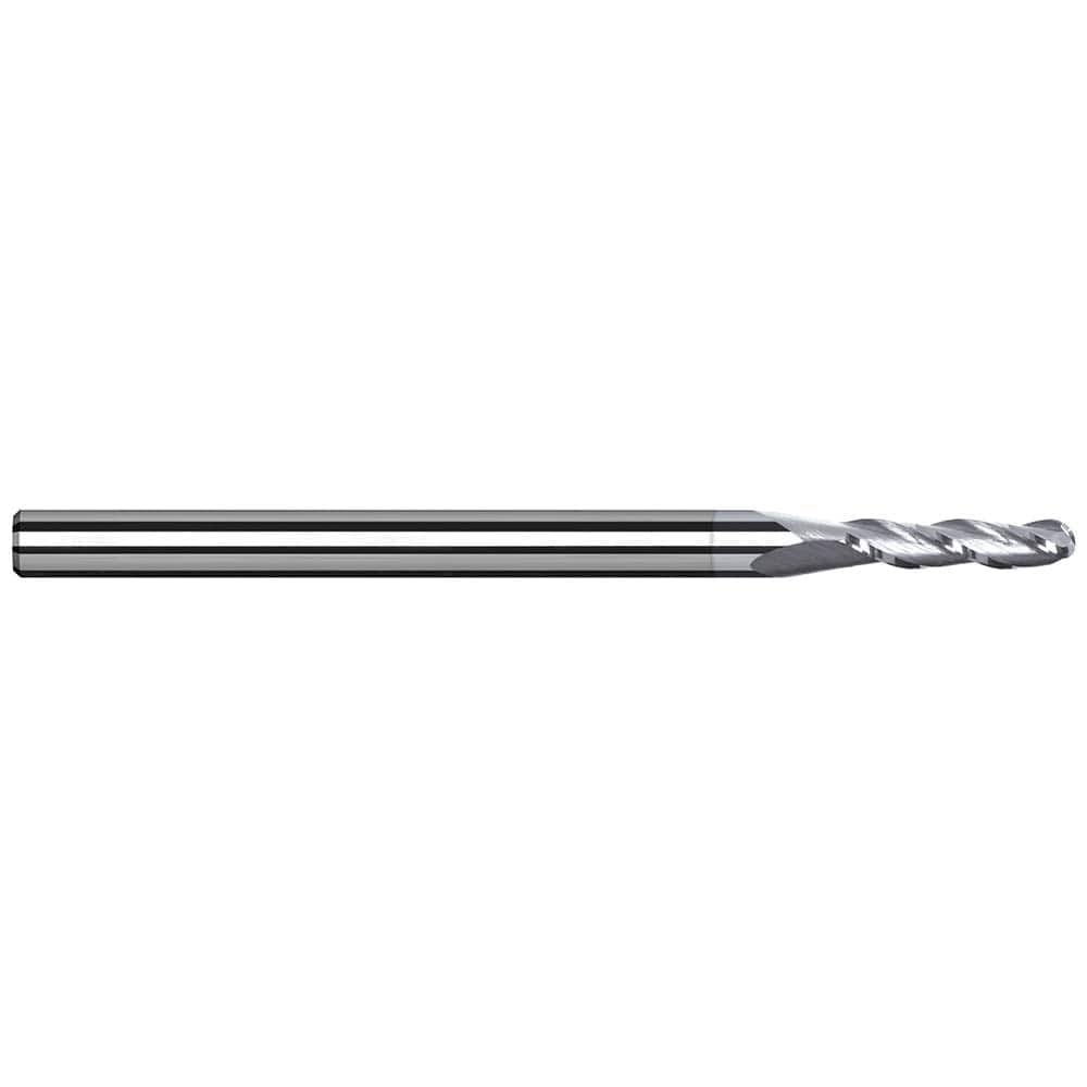 Ball End Mill: 0.04″ Dia, 0.12″ LOC, 3 Flute, Solid Carbide 1-1/2″ OAL, 1/8″ Shank Dia, 42 ° Helix, TiB2 Coated, Single End