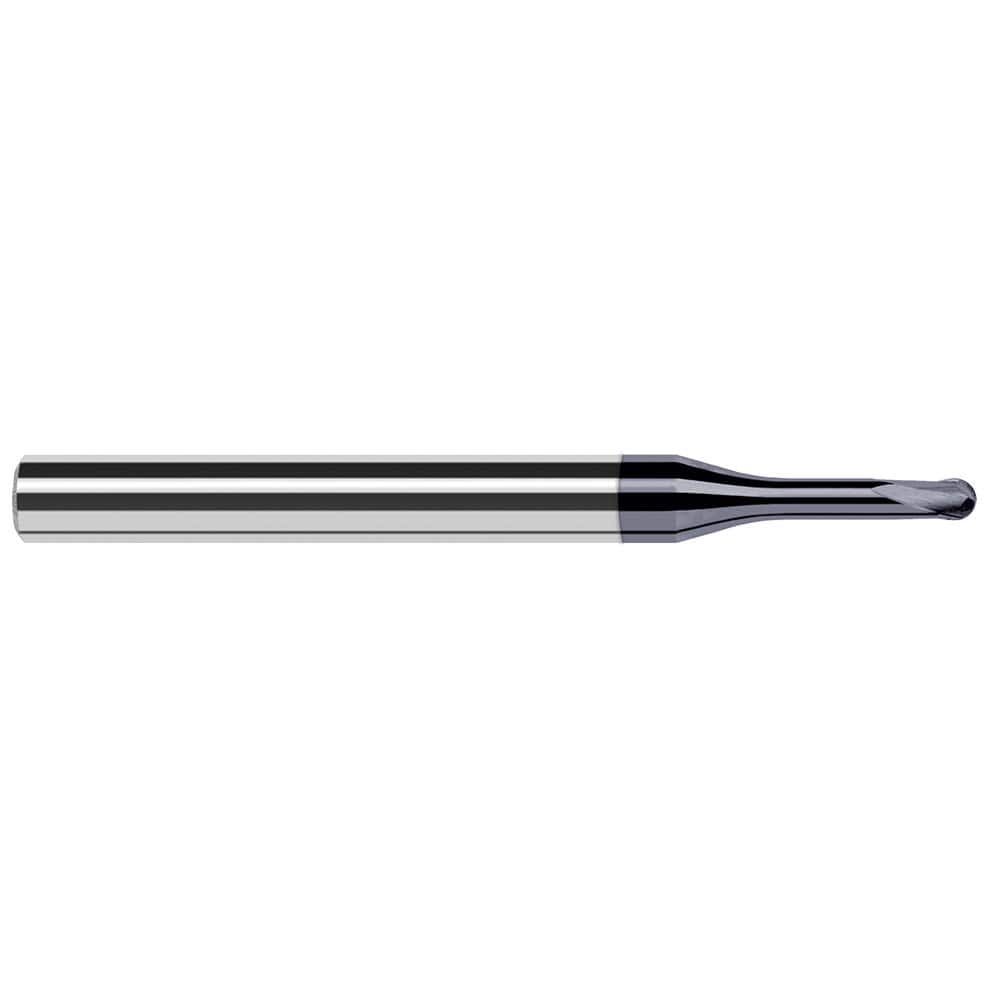 Ball End Mill: 0.078″ Dia, 0.062″ LOC, 3 Flute, Solid Carbide 2-1/2″ OAL, 1/4″ Shank Dia, 20 ° Helix, AlTiN Coated, Single End