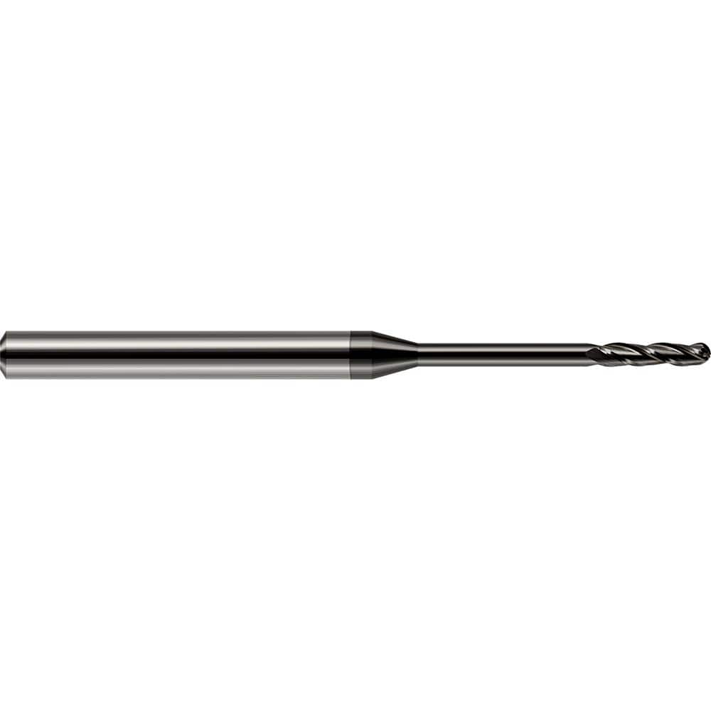 Ball End Mill: 0.095″ Dia, 0.75″ LOC, 3 Flute, Solid Carbide 2-1/2″ OAL, 1/8″ Shank Dia, 30 ° Helix, Amorphous Diamond Coated, Single End