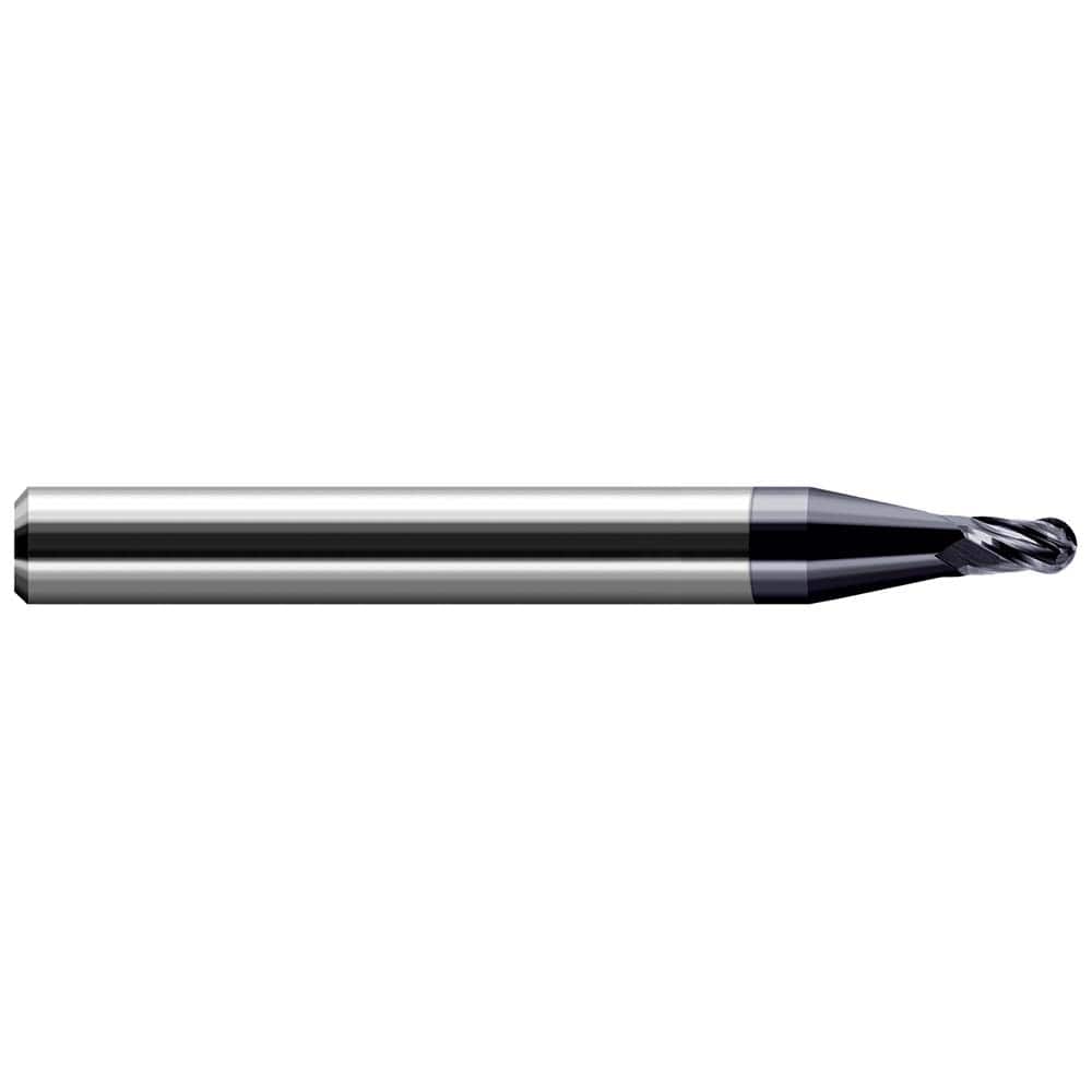 Ball End Mill: 0.008″ Dia, 0.012″ LOC, 4 Flute, Solid Carbide 1-1/2″ OAL, 1/8″ Shank Dia, 30 ° Helix, AlTiN Coated, Single End