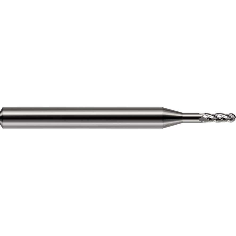 Ball End Mill: 0.06″ Dia, 0.18″ LOC, 4 Flute, Solid Carbide 1-1/2″ OAL, 1/8″ Shank Dia, 30 ° Helix, Uncoated, Single End