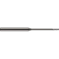 Ball End Mill: 0.015″ Dia, 0.045″ LOC, 4 Flute, Solid Carbide 1-1/2″ OAL, 1/8″ Shank Dia, 30 ° Helix, Uncoated, Single End