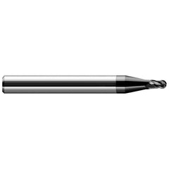 Ball End Mill: 0.062″ Dia, 0.093″ LOC, 4 Flute, Solid Carbide 1-1/2″ OAL, 1/8″ Shank Dia, 30 ° Helix, Amorphous Diamond Coated, Single End