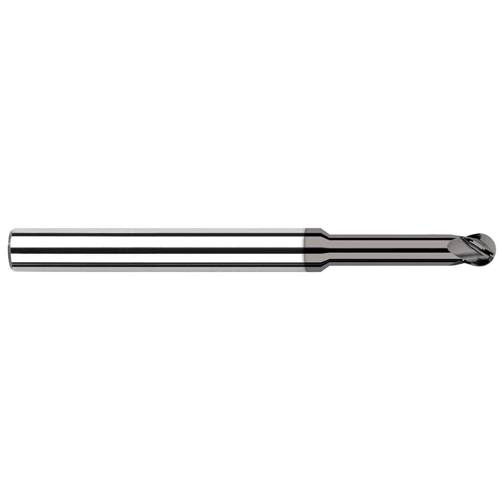 Ball End Mill: 0.047″ Dia, 0.071″ LOC, 4 Flute, Solid Carbide 2-1/2″ OAL, 1/8″ Shank Dia, 30 ° Helix, CVD Coated, Single End