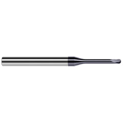 Ball End Mill: 0.047″ Dia, 0.038″ LOC, 2 Flute, Solid Carbide 2-1/2″ OAL, 1/4″ Shank Dia, 20 ° Helix, AlTiN Coated, Single End