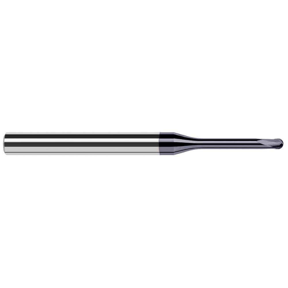 Ball End Mill: 0.031″ Dia, 0.025″ LOC, 2 Flute, Solid Carbide 2-1/2″ OAL, 1/4″ Shank Dia, 20 ° Helix, AlTiN Coated, Single End