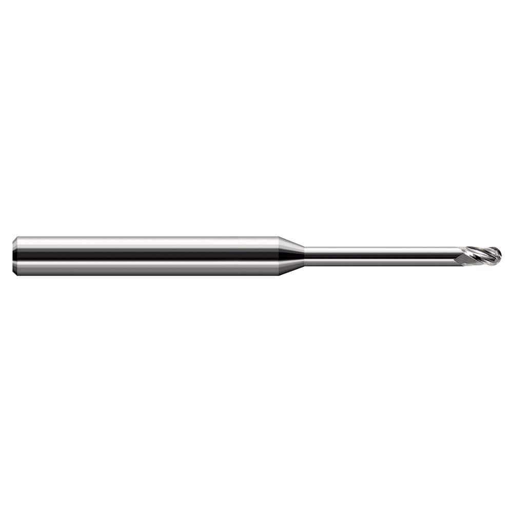 Ball End Mill: 0.062″ Dia, 0.093″ LOC, 3 Flute, Solid Carbide 2-1/2″ OAL, 1/8″ Shank Dia, 30 ° Helix, Uncoated, Single End