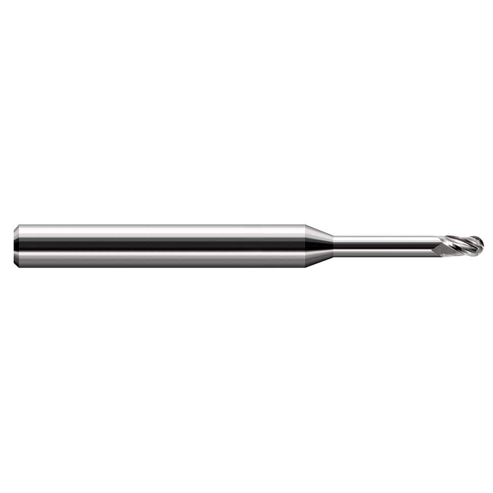 Ball End Mill: 0.025″ Dia, 0.038″ LOC, 3 Flute, Solid Carbide 2-1/2″ OAL, 1/8″ Shank Dia, 30 ° Helix, Uncoated, Single End