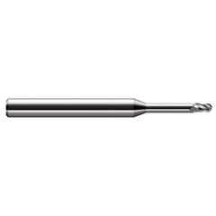 Ball End Mill: 0.025″ Dia, 0.038″ LOC, 3 Flute, Solid Carbide 2-1/2″ OAL, 1/8″ Shank Dia, 30 ° Helix, Uncoated, Single End