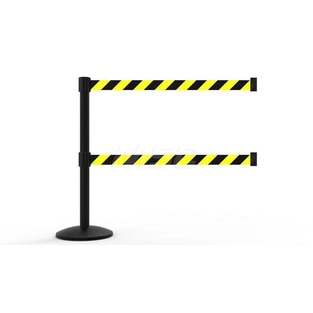 Free Standing Retractable Belt Barrier Post: 40″ High, 2.4″ Dia, Aluminum Post Cast Iron, Black & Yellow