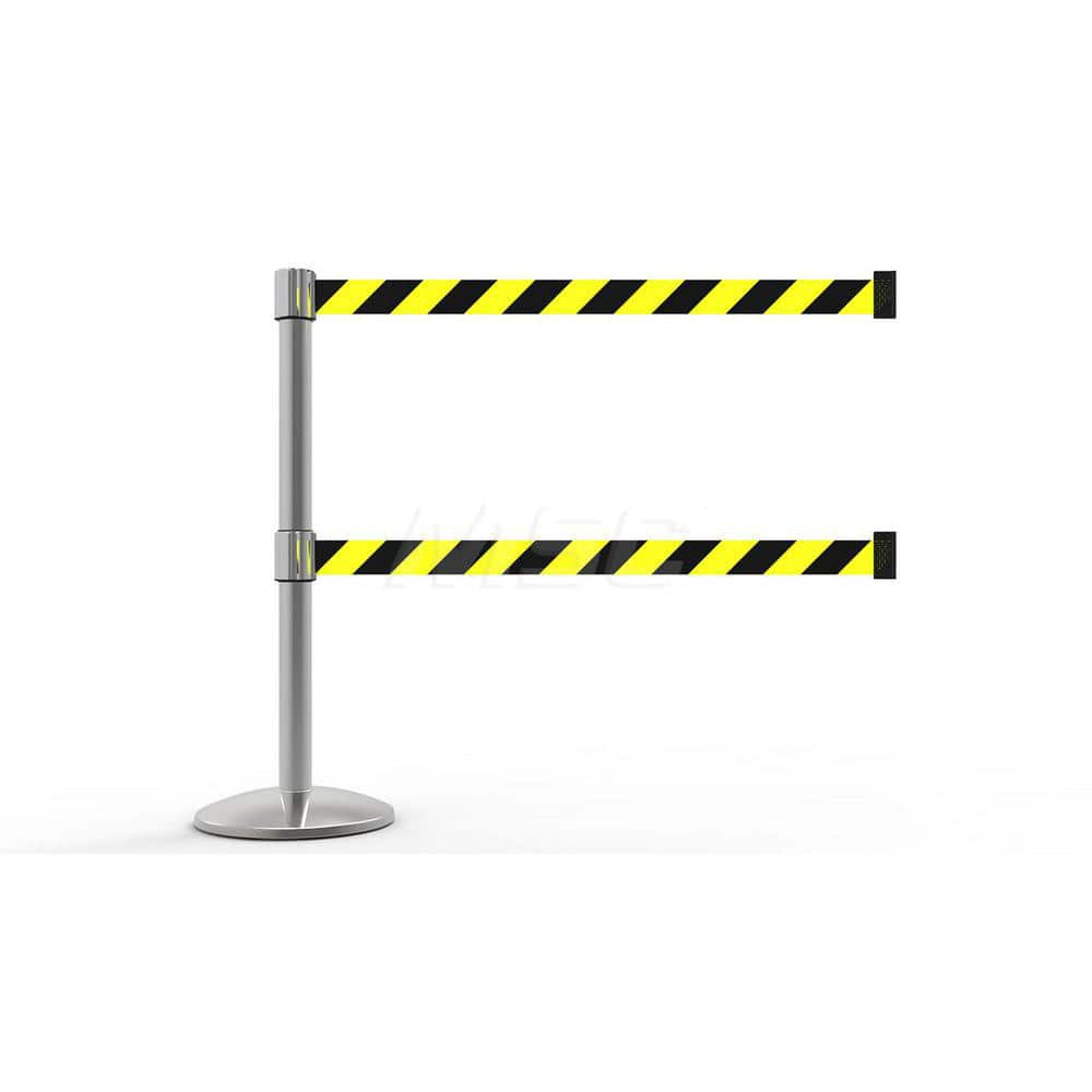 Free Standing Retractable Belt Barrier Post: 40″ High, 2.4″ Dia, Aluminum Post Cast Iron, Black & Yellow