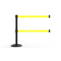 Free Standing Retractable Belt Barrier Post: 40″ High, 2.4″ Dia, Aluminum Post Cast Iron, Black & Yellow