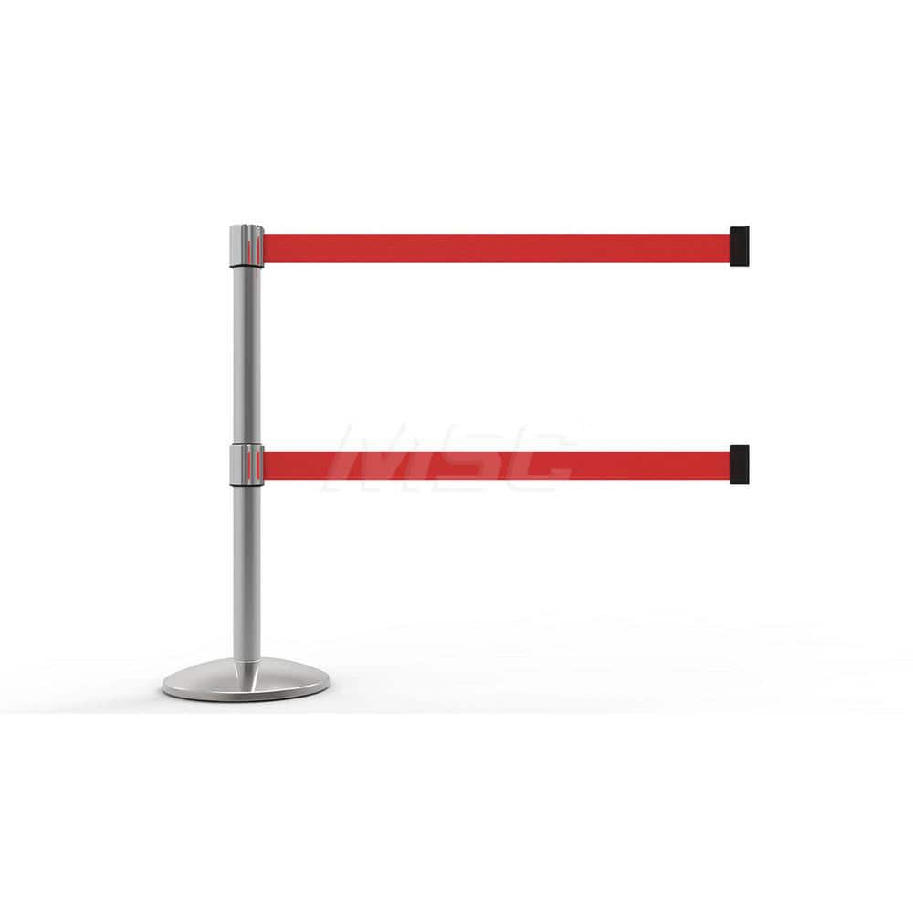 Free Standing Retractable Belt Barrier Post: 40″ High, 2.4″ Dia, Aluminum Post Cast Iron, Red & Silver