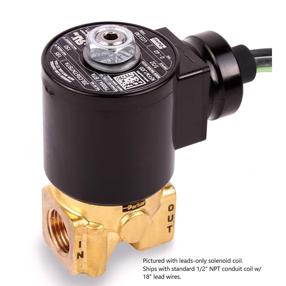 Parker - Solenoid Valves; Valve Type: 2-Way, 2 Position ; Port Size: 1/4 ; Maximum Working Pressure (psi): 550.000 ; Body Material: Brass ; Seal Material: NBR ; Voltage: 120/60 VAC - Exact Industrial Supply