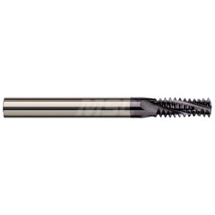 Helical Flute Thread Mill: 1/2-14 to 3/4-14, Internal & External, 4 Flute, 1/2″ Shank Dia, Solid Carbide 14 TPI, 0.495″ Cut Dia, 7/8″ LOC, 3-1/2″ OAL, AlTiN Coated