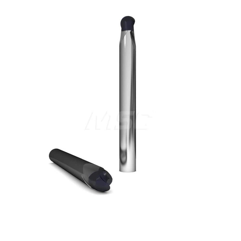 Ball End Mill: 0.0625″ Dia, 2 Flute, Solid Carbide 3″ OAL, 1/4″ Shank Dia, 30 ° Helix, nACo Coated, Single End, Series 1050 & DM2
