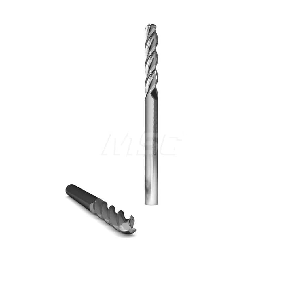 Ball End Mill: 0.25″ Dia, 3 Flute, Solid Carbide 3″ OAL, 1/4″ Shank Dia, 37 ° Helix, ZrN Coated, Single End, Series 2045