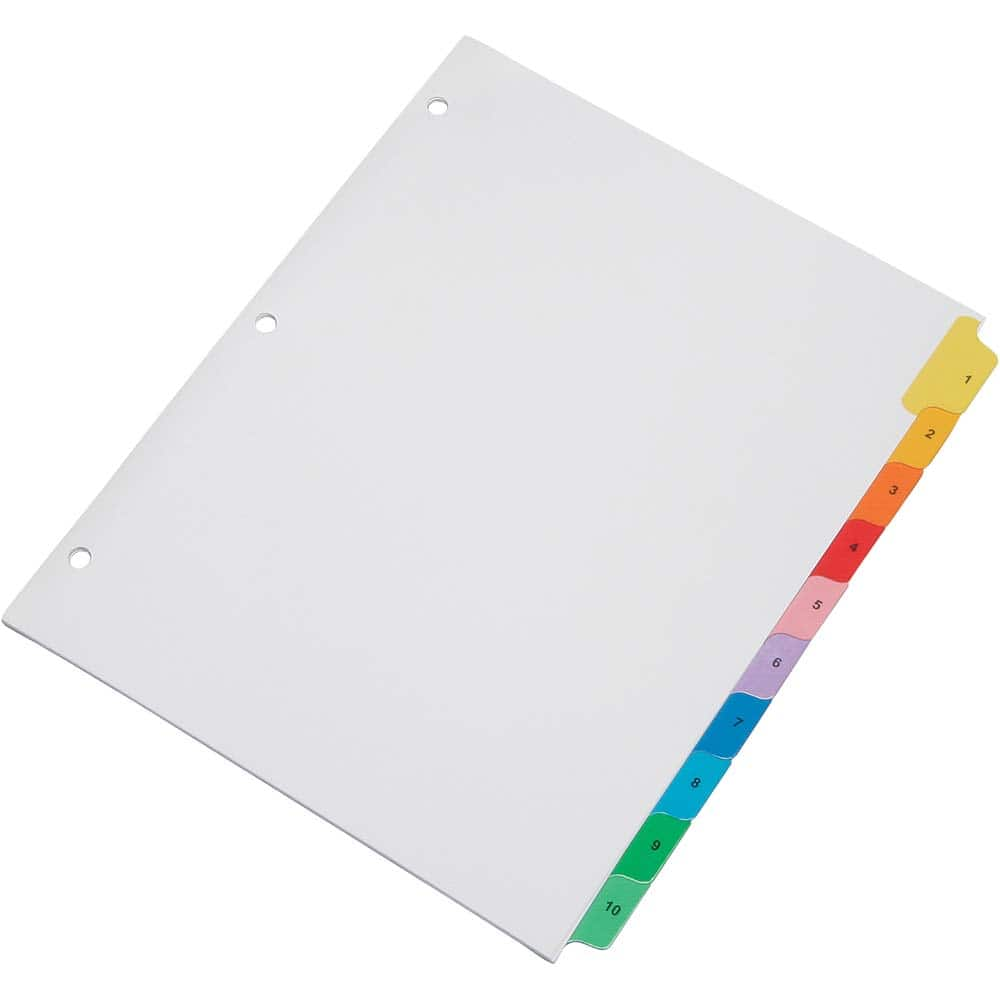 Ability One - Tabs, Indexes & Dividers; Size: 8-1/2 X 11 ; Number Of tabs: 10 ; Color: White ; Tab Color: Assorted ; Tab Titles: 1-10 - Exact Industrial Supply