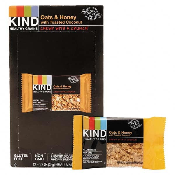 KIND - Snacks, Cookies, Candy & Gum Breakroom Accessory Type: Granola Bars Breakroom Accessory Description: Healthy Grains Bar, Oats and Honey with Toasted Coconut, 1.2 oz, 12/Box - USA Tool & Supply