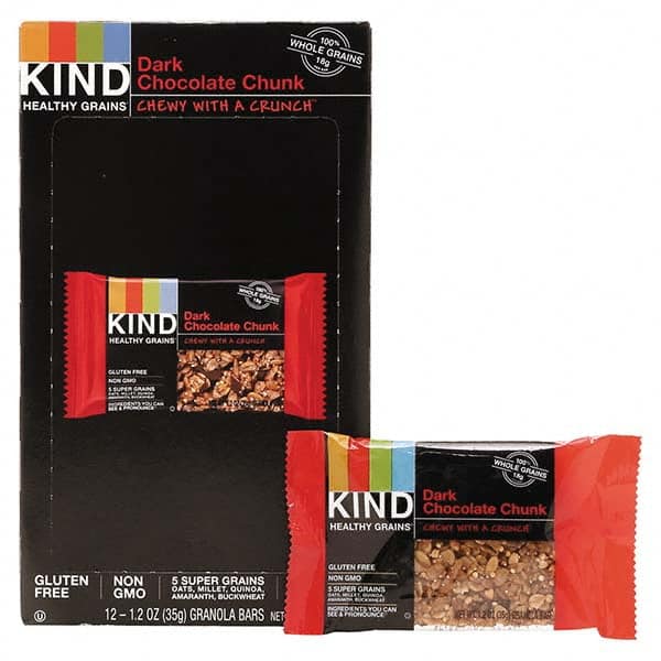 KIND - Snacks, Cookies, Candy & Gum Breakroom Accessory Type: Granola Bars Breakroom Accessory Description: Healthy Grains Bar, Dark Chocolate Chunk, 1.2 oz, 12/Box - USA Tool & Supply