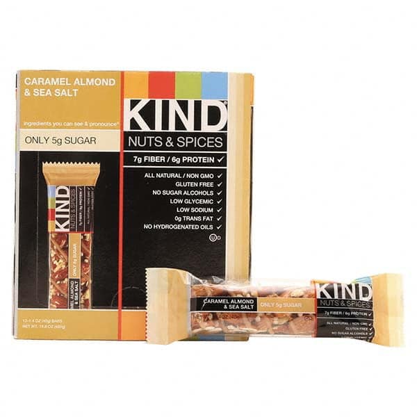 KIND - Snacks, Cookies, Candy & Gum Breakroom Accessory Type: Granola Bars Breakroom Accessory Description: Nuts and Spices Bar, Caramel Almond and Sea Salt, 1.4 oz Bar, 12/Box - USA Tool & Supply