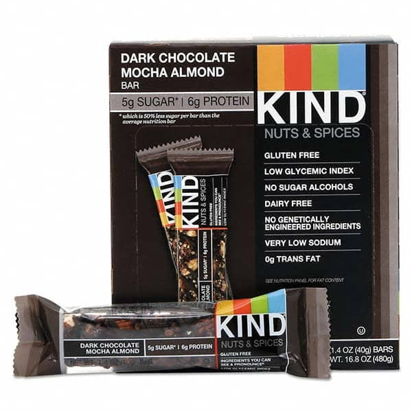 KIND - Snacks, Cookies, Candy & Gum Breakroom Accessory Type: Granola Bars Breakroom Accessory Description: Nuts and Spices Bar, Dark Chocolate Mocha Almond, 1.4 oz Bar, 12/Box - USA Tool & Supply