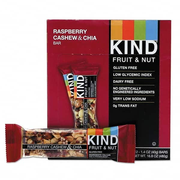 KIND - Snacks, Cookies, Candy & Gum Breakroom Accessory Type: Granola Bars Breakroom Accessory Description: Fruit and Nut Bars, Raspberry Cashew & Chia, 1.4 oz Bar, 12/Box - USA Tool & Supply