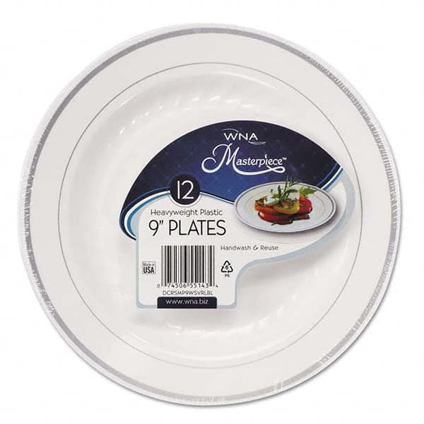 WNA - Masterpiece Plastic Plates, 9 in, White w/Silver Accents, Round, 120/Carton - USA Tool & Supply