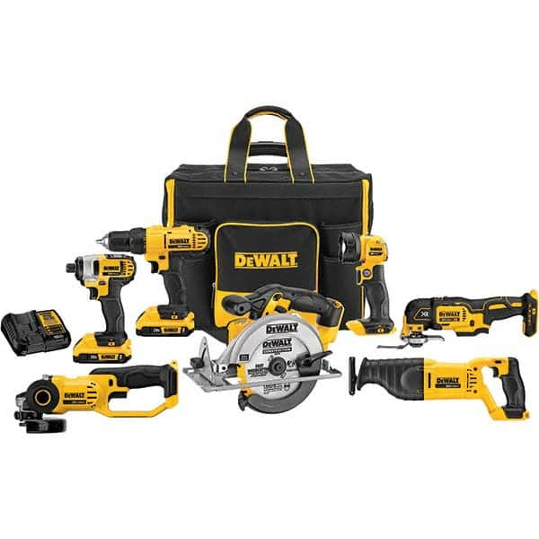 DeWALT - Cordless Tool Combination Kits Voltage: 20 Tools: 1/2" Drill/Driver; 1/4" Impact Driver; 6-1/2" Circular Saw; Work Light; Reciprocating Saw; Grinder; Blue Tooth Speaker - USA Tool & Supply