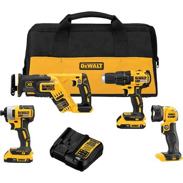 DeWALT - Cordless Tool Combination Kits Voltage: 20 Tools: Brushless 1/2" Cordless Drill/Driver; Brushless 1/4" Cordless Impact Driver; Brushless Cordless Compact Reciprocating Saw; Cordless LED Work Light - USA Tool & Supply