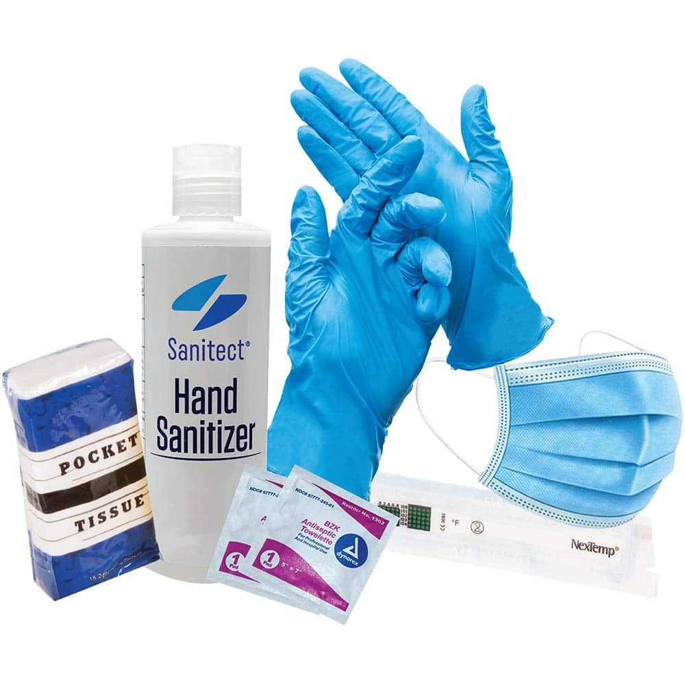 No Brand - Emergency Preparedness Kits Type: Back-to-Work Safety Kit Contents: (5) Ear Loop Masks; (5) Pair of Nitrile Gloves Size Large; Disposable Thermometer; Tissue Packet; 3.4oz Hand Sanitizer; (6) Antiseptic Towelettes - USA Tool & Supply