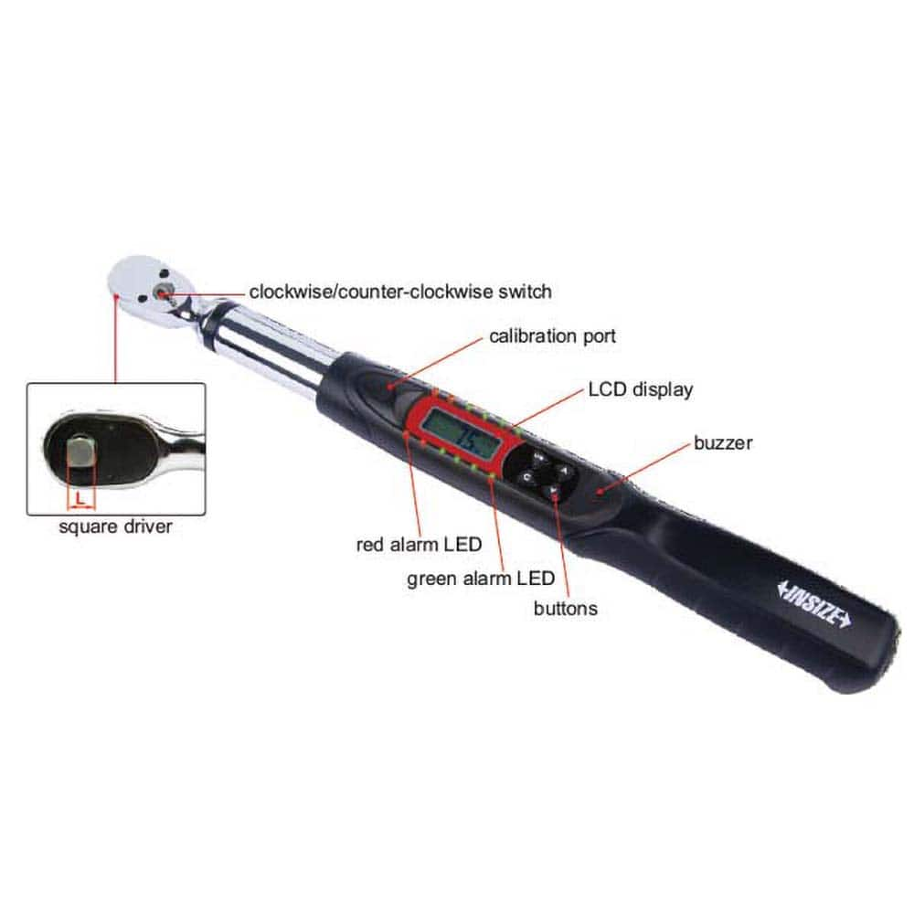 Insize USA LLC - Torque Wrenches; Type: Digital ; Drive Size: 3/8 ; Maximum Torque (In/Lb): 1195.0 ; Maximum Torque (Ft/Lb): 99.50 ; Maximum Torque (Nm): 135.000 ; Minimum Torque (Nm): 27.000 - Exact Industrial Supply