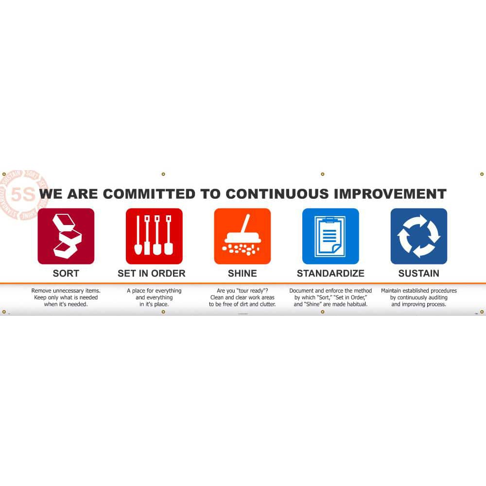 NMC - Banners; Message Type: Lean ; Legend: 5S WE ARE COMMITTED TO CONTINUOUS IMPROVEMENT SORT SET IN ORDER SHINE STANDARDIZE SUSTAIN ; Graphic: 5s ; Material Type: Vinyl ; Language: English ; Length (Inch): 120 - Exact Industrial Supply