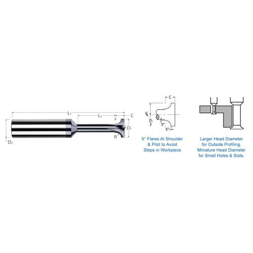 Corner Rounding End Mills - 0.0310″ (1/32″) Radius × 0.1150″ Head Diameter × 0.1560″ (5/32″) Neck Length Carbide 5° Flare Back Corner Rounding End Mill, 3 Flutes, AlTiN Coated - Exact Industrial Supply
