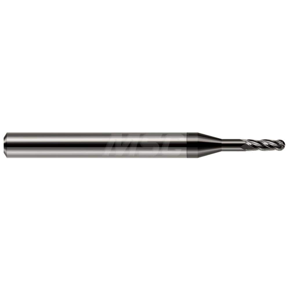 Ball End Mill: 0.125″ Dia, 0.375″ LOC, 4 Flute, Solid Carbide 1-1/2″ OAL, 1/8″ Shank Dia, 30 ° Helix, Amorphous Diamond Coated, Single End